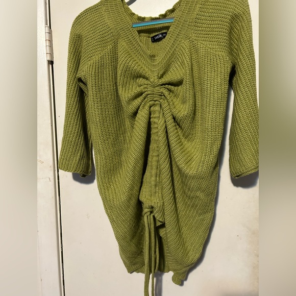 Plus Off Shoulder Drawstring Ruched Front Ribbed Knit Sweater Dress - Picture 3 of 4